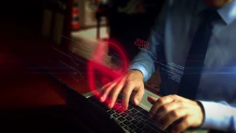 Man typing on keyboard with hacker and skull hologram Stock Footage 113542995