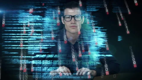 Man typing on keyboard initiating 3D overlay as bits swirling across screen for Stock Footage 310668702