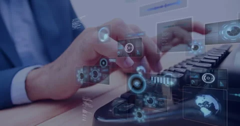 Man typing on keyboard initiating tech AR interface displaying analytics charts Stock Footage 314174168
