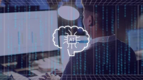 Man typing at keyboard in office, avatar popping, AI brain analyzing pics for Stock Footage 334768337