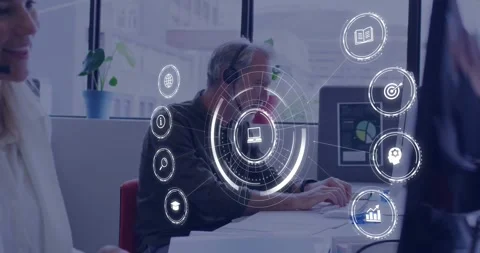 Man typing on keyboard in office, initiating tech interface analyzing data Stock Footage 328648972
