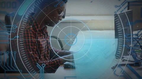 Man typing keys and lifting paper, causing HUD shift, checking handset and Stock Footage 333318187