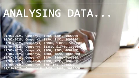 Man typing on laptop, activating ANALYSING DATA overlay and highlighting finance Stock Footage 333063710