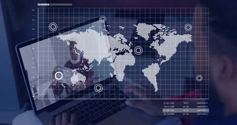 Man typing on laptop, activating animated world map and rising graph for tech Stock Footage 330195621