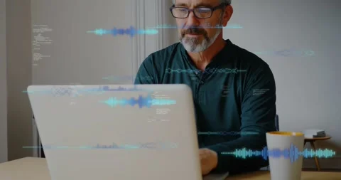 Man typing on laptop, adjusting glasses, causing blue waveforms and code Stock Footage 328229498