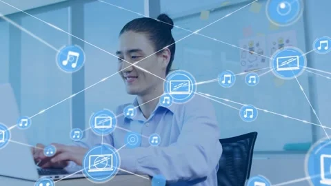 Man typing on laptop and activating blue nodes and white lines, boosting tech Stock Footage 334179219