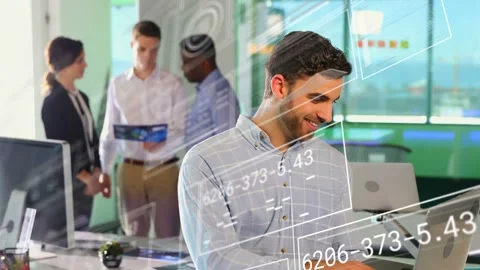 Man typing laptop and causing HUD overlays checking data in business while team Stock Footage 332642449