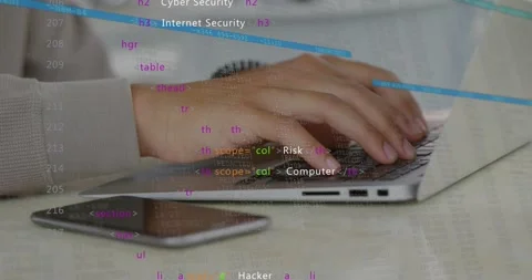 Man typing on laptop and generating security overlays with HTML tags, analyzing Stock Footage 333833254