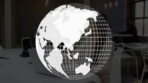 Man typing laptop and starting wireframe globe rotating in business space to Stock Footage 332286181
