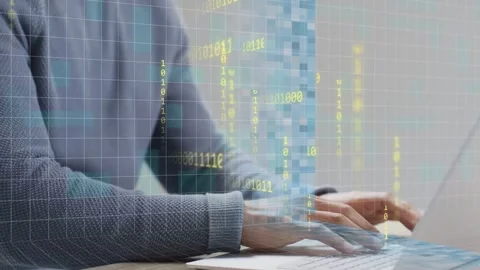 Man typing on laptop and starting blue pixel column and falling binary digits Stock Footage 333105734