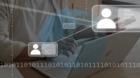 Man typing on laptop and tapping smartphone, activating globe and user cards, Stock Footage 335761627