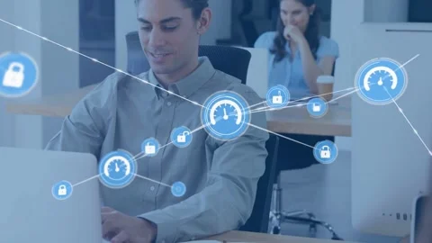 Man typing on laptop, blue circle appearing over hands spawning network with Stock Footage 333968270