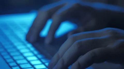 Man Typing on Laptop, Blue Light Scene Stock Footage 118760928