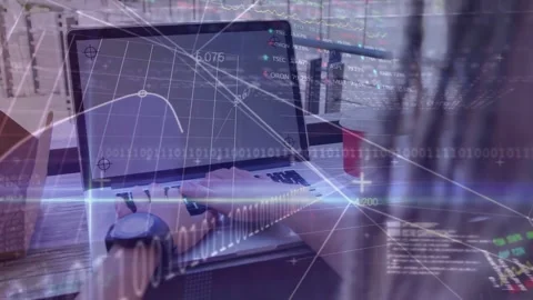 Man typing on laptop in cafe, causing code overlays to transform into finance Stock Footage 332566021