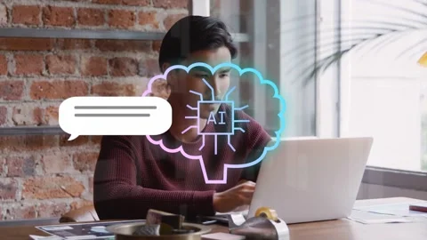 Man typing at laptop, causing AI cloud chip overlaying, speech bubble, frames Stock Footage 334729025