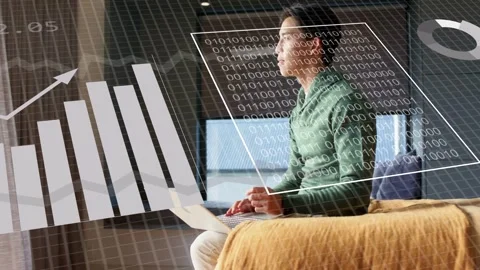 Man typing laptop, causing data overlays turning pie charts into bars and lines, Stock Footage 333602494