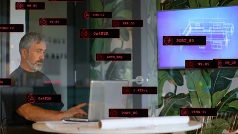Man typing laptop causing red overlays clustering over 3D model plans while Stock Footage 333631888