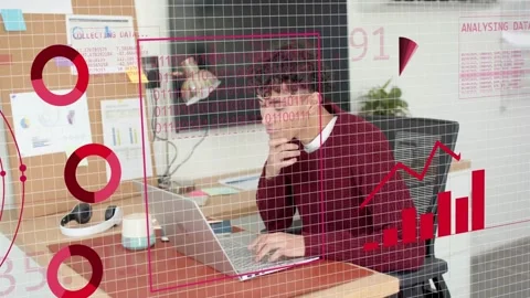 Man typing laptop causing red globe growing HUD forming binary flowing charts Stock Footage 333648125
