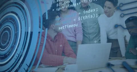 Man typing on laptop with circle interface fading in while team leaning for code Video stock 318047037