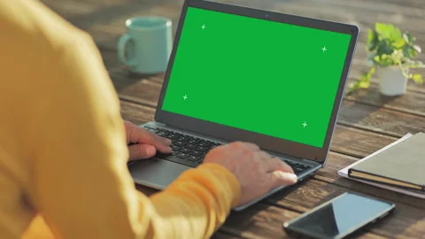Man typing laptop computer with green screen back view Stock Footage 301278854