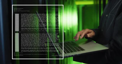 Man typing on laptop creating VARIABLE, ALGORITHM blocks on overlay, filling Stock Footage 312230093