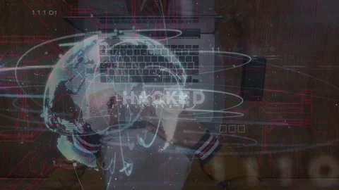 Man typing laptop at desk, globe appearing and causing HACKED warning pulsing Stock Footage 333720329