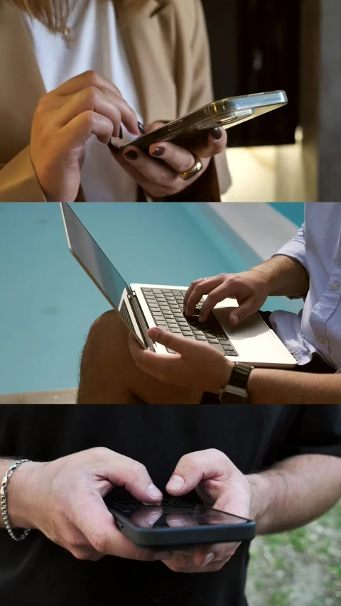 A man typing on a laptop. hands of people using mobile phone. Remote work Stock Footage 334841203