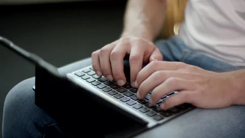 Man Typing on Laptop on His Lap, Home Office Work, Close Up Shot Stock-Footage 341532199
