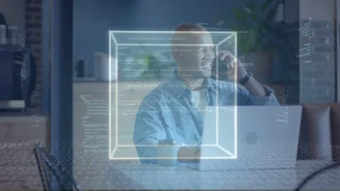 Man typing on laptop hologram tech cube floating code appearing he lifting phone Stock Footage 333351678