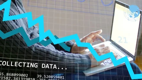 Man typing laptop at home, keystrokes activating data visualization overlays Stock Footage 334768809