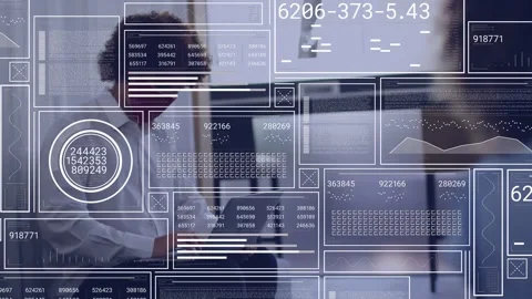 Man typing laptop in hub peer passing starting tech HUD graphs animating over Stock Footage 332523248