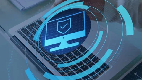 Man typing laptop keyboard and causing blue rings with shield icon, picking pen, Stock Footage 334466139