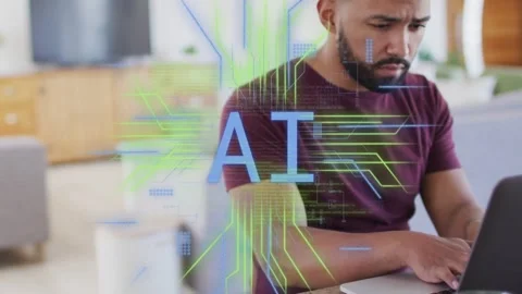 Man typing laptop at kitchen, keystrokes activating expanding AI blocks while Stock Footage 334768412