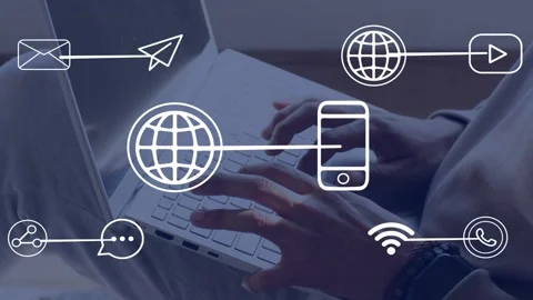 Man typing on laptop, moving hands, overlaying email WiFi icons linking digital Stock Footage 335739790