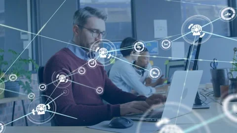 Man typing on laptop network node appearing near laptop growing into tech web 스톡 동영상 330143010