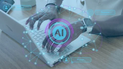 Man typing on laptop, pausing and picking handheld device, AI HUD highlighting Stock Footage 335283080