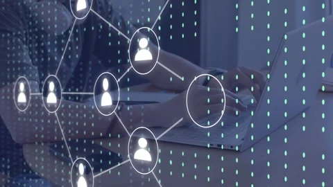Man typing on laptop, starting animated user icons and data streams showing tech Stock Footage 335235895