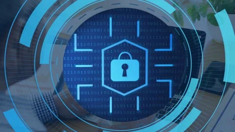 Man typing on laptop, starting security scan with rings forming, covering screen Stock Footage 335651741