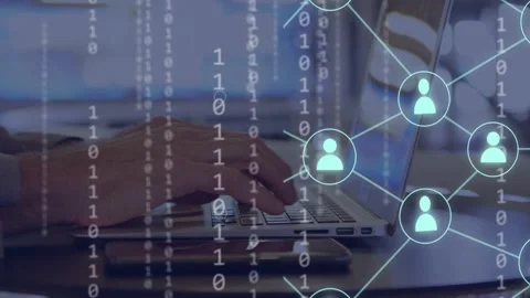 Man typing on laptop at table, causing binary stream and network forming over Stock Footage 334744529
