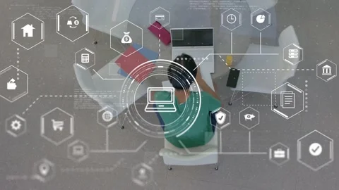 Man typing on laptop in tech study area, activating HUD analytics and hex icons Stock Footage 335762119