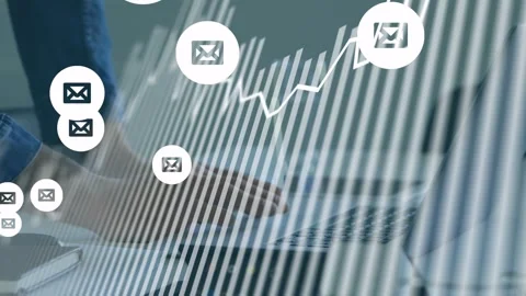 Man typing on laptop in tech tracking stats onscreen bars sweeping line rising Stock Footage 335235677