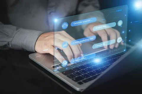 Man typing on laptop with virtual generative AI chatbot interface. Concept .. 스톡 사진