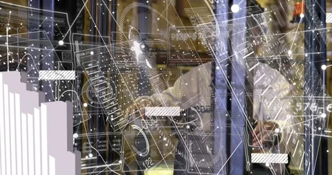 Man typing on laptop while financial data overlays floating line charts bar Stock Footage 330106139