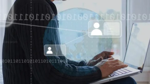 Man typing laptop by window, generating globe, avatar boxes linking to globe, Stock Footage 334703698