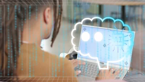 Man typing in lounge, icon appearing, AI assistant converting binary to text Stock Footage 329959764