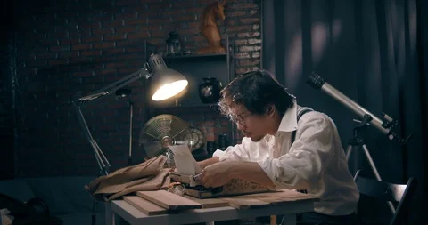 Man Typing on Old Typewriter 1950s Scene Setup. Slow Motion Shot Stock-Footage 114266477
