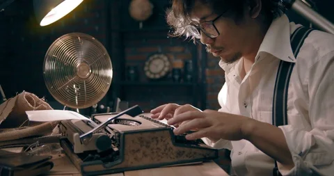 Man Typing on Old Typewriter 1950s Scene Setup. Close Up Shot 4k Stock Footage 114288948
