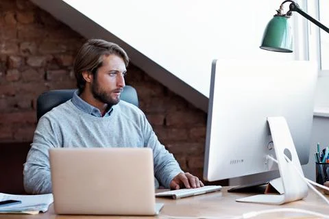 Man, typing or remote work in home office with computer, insurance Stock Photos