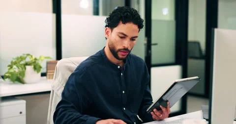 Man, typing or research in office with tablet, update software or problem Stock Footage 336238683