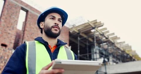 Man, typing or tablet on construction site for planning, building project or Stock Footage 336779983